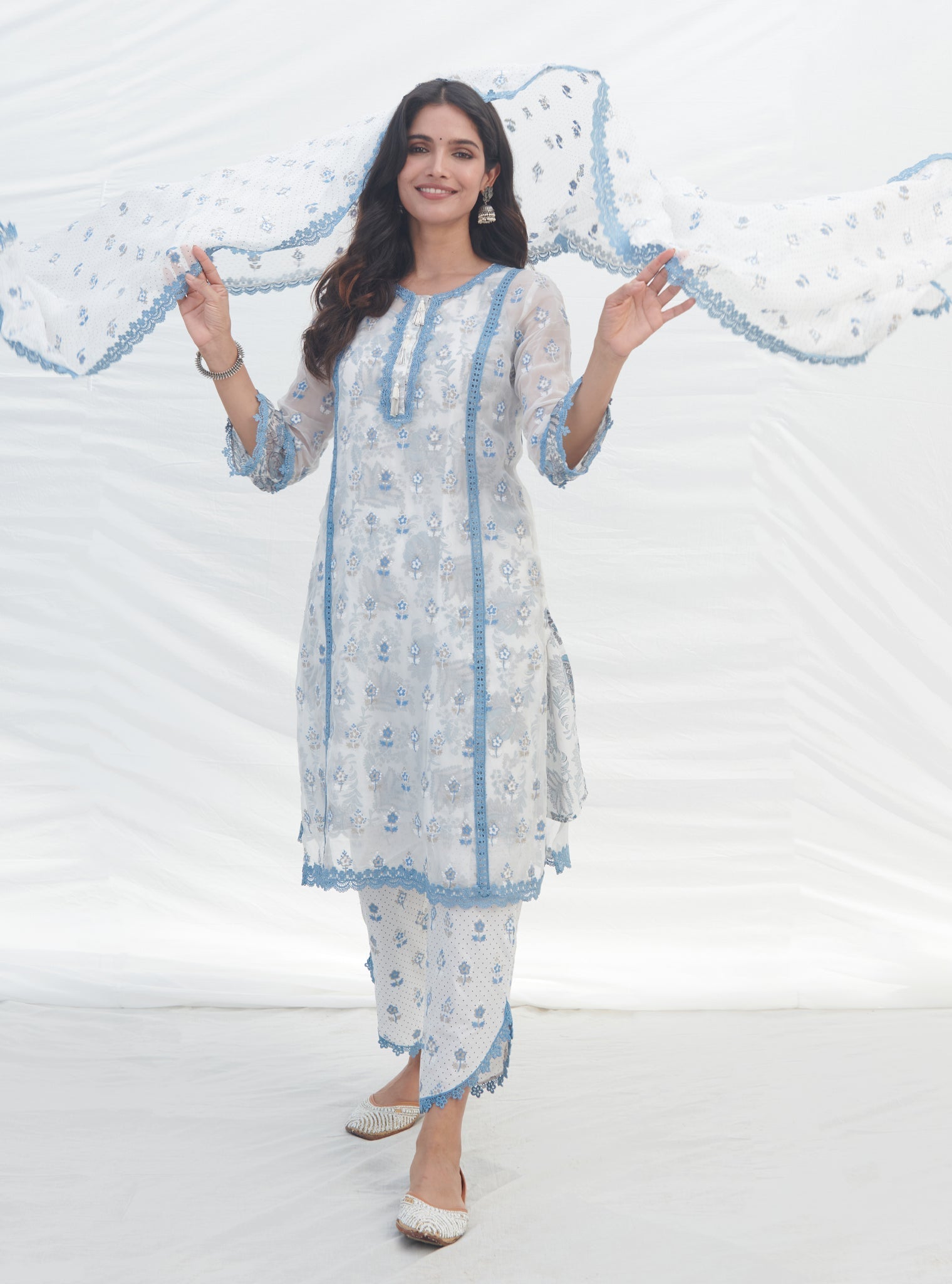 Mulmul Organza Terra Blue Kurta With Mulmul Cotton Terra Blue Pant