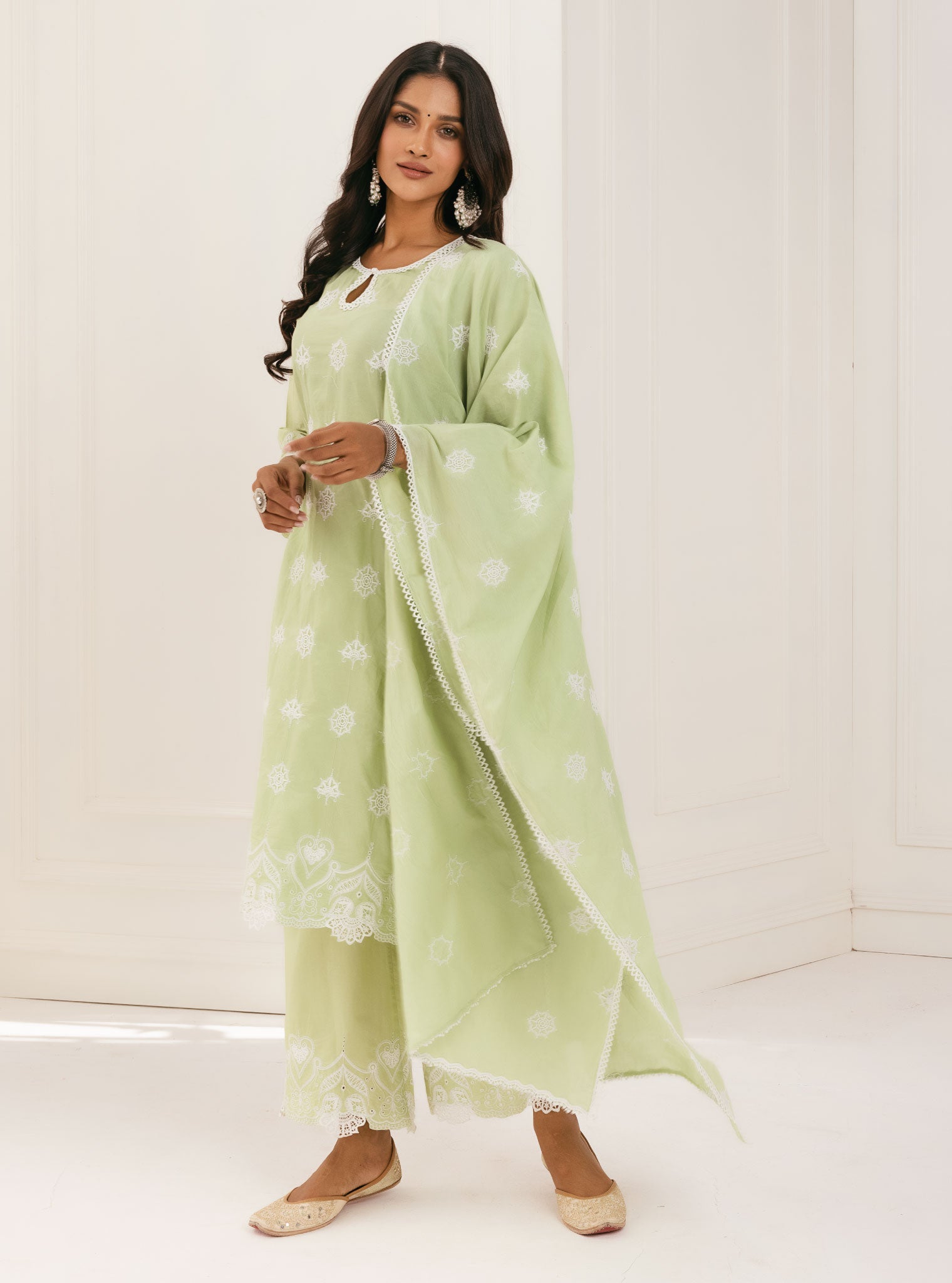 Mulmul Cotton Tia Green Kurta With Tia Green Palazzo