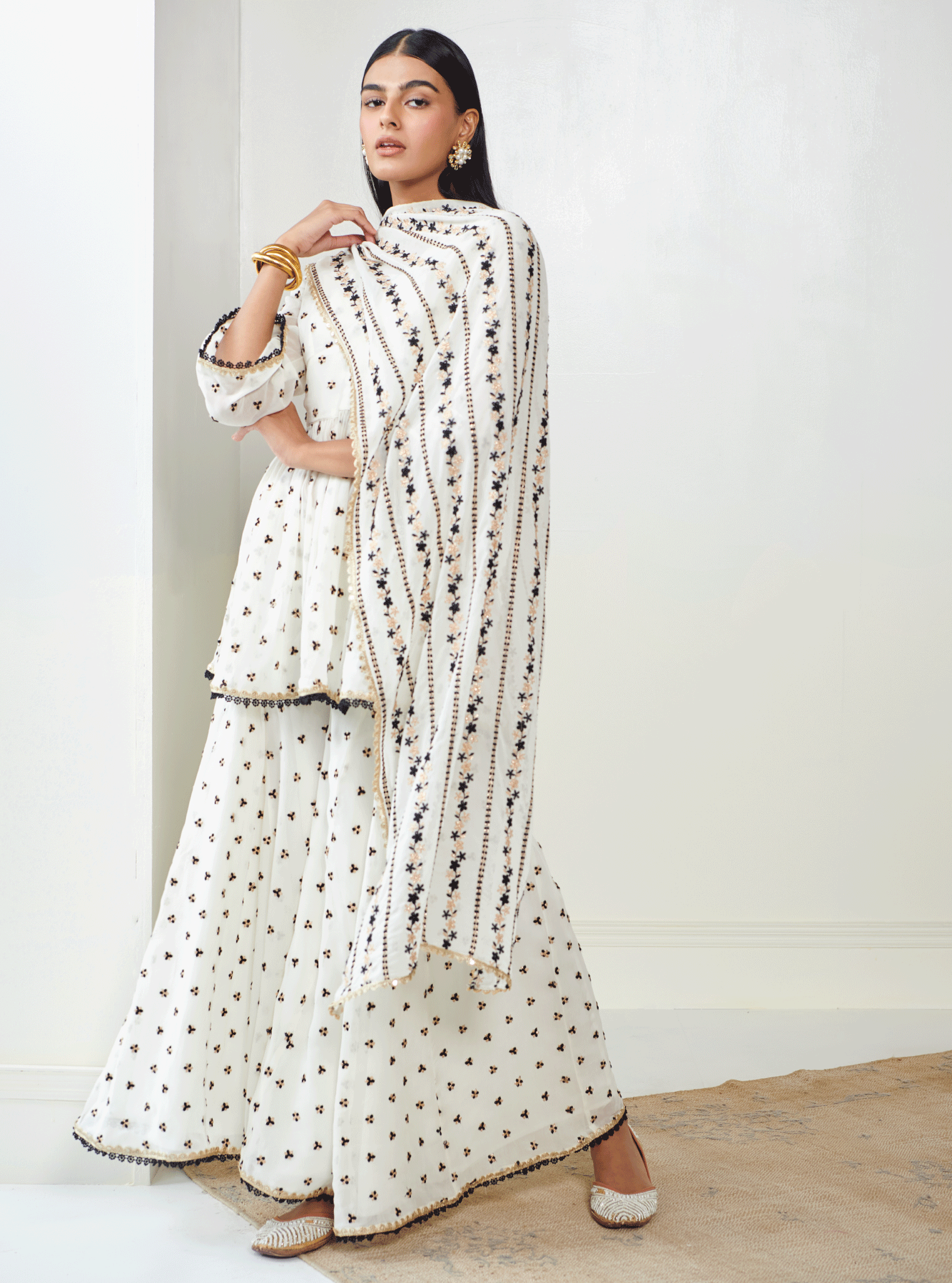 Mulmul Georgette Isra Off White Kurta With Isra Off White Sharara