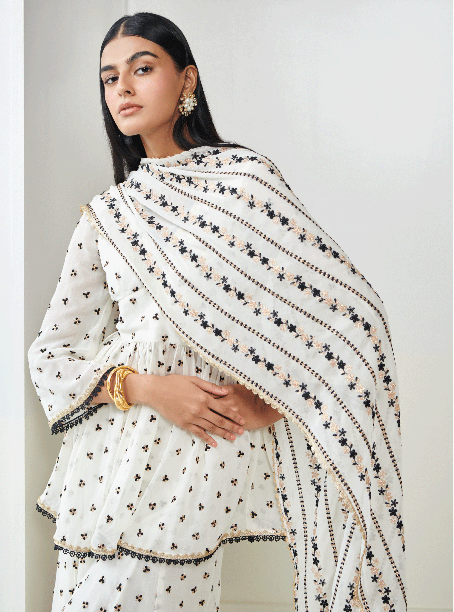 Mulmul Georgette Isra Off White Kurta With Isra Off White Sharara