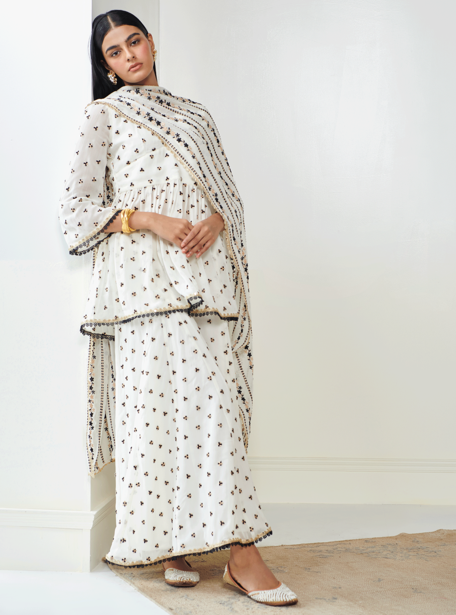 Mulmul Georgette Isra Off White Kurta With Isra Off White Sharara