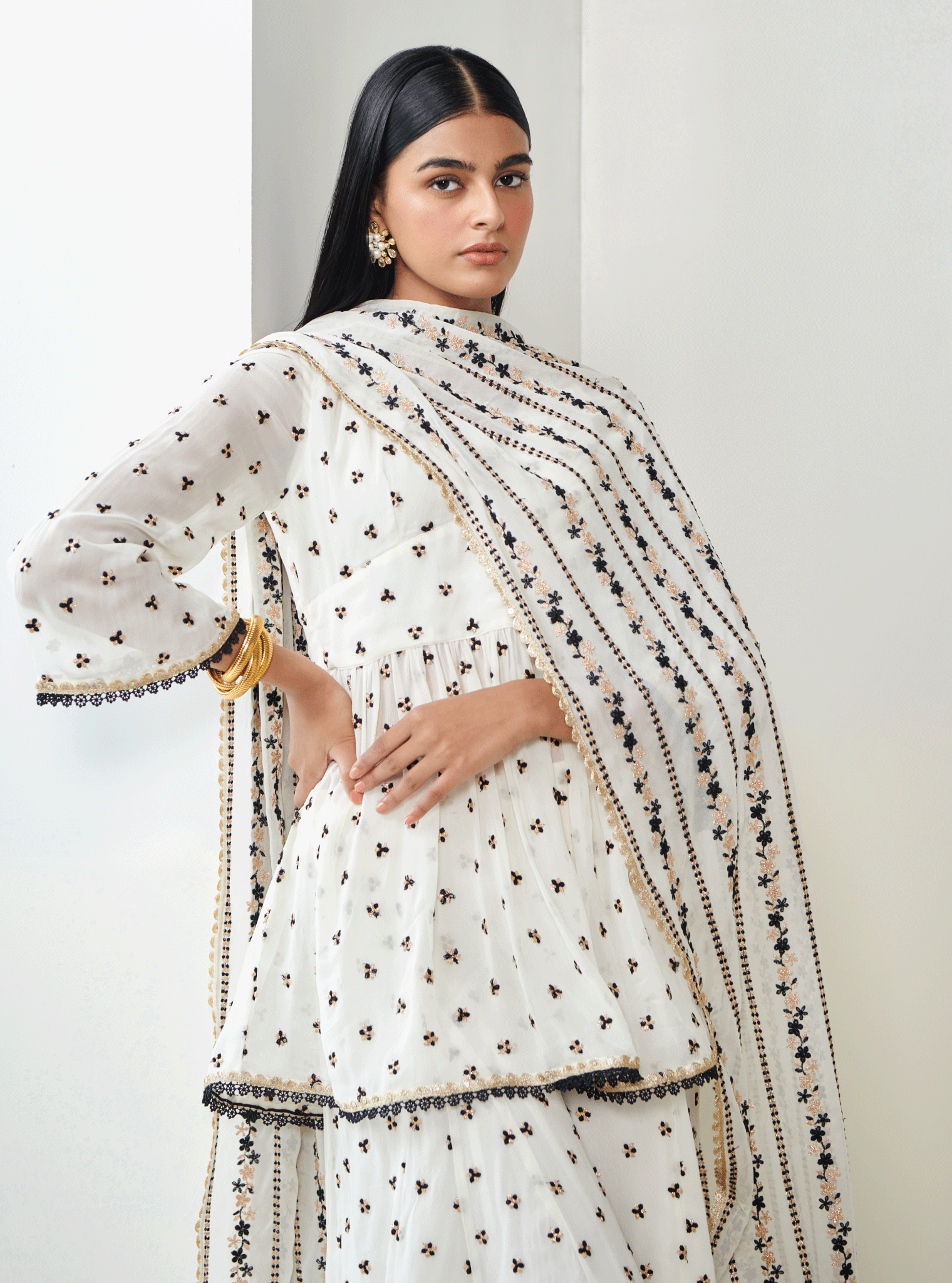 Mulmul Georgette Isra Off White Kurta With Isra Off White Sharara