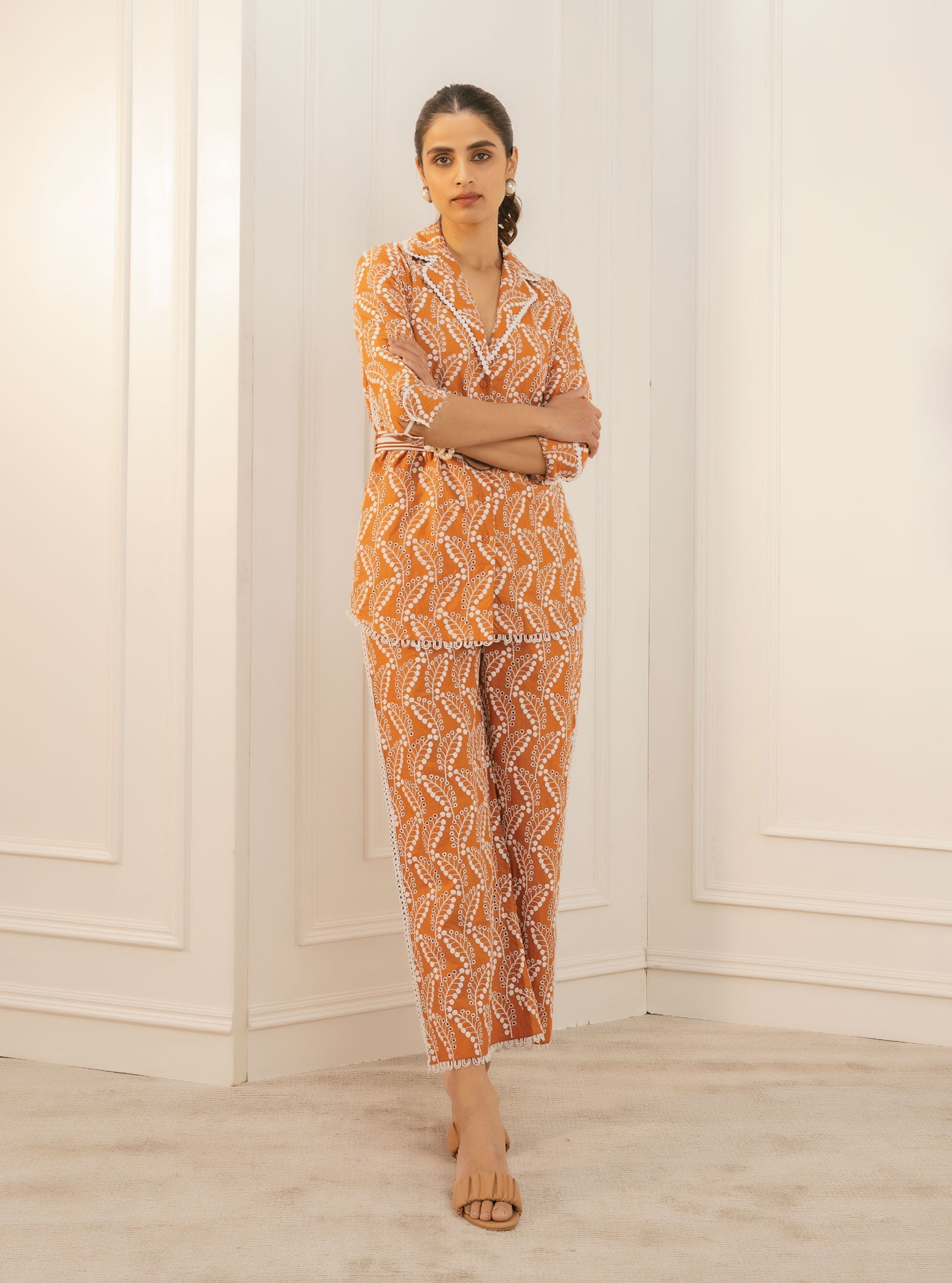 Mulmul Cotton Halo Orange Shirt With Halo Orange Pant