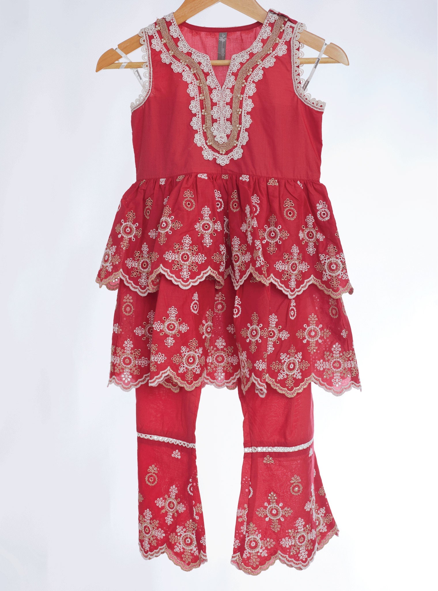 Mulmul Cotton Nell Red Kurta With Nell Red Pant