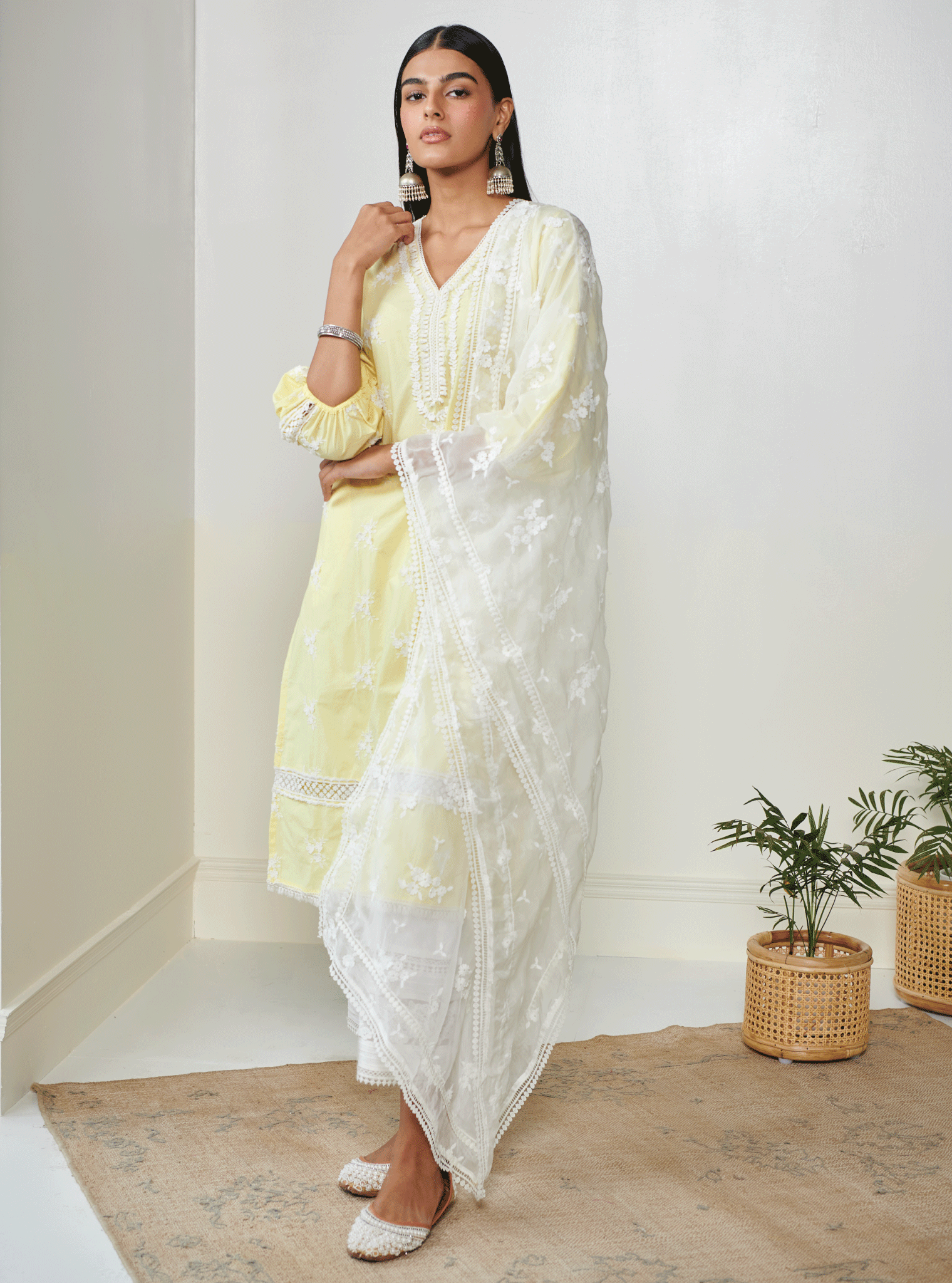 Mulmul Cotton Shane Yellow Kurta With Mulmul Cotton New Pintuck White Pant