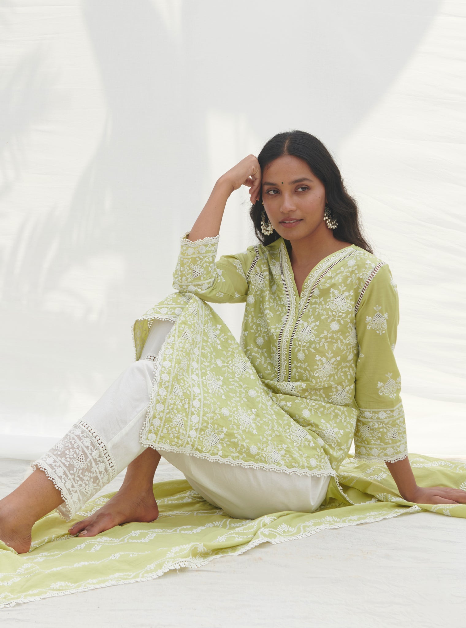 Mulmul Cotton Verla Lime Kurta With Mulmul Cotton Verla White Pant