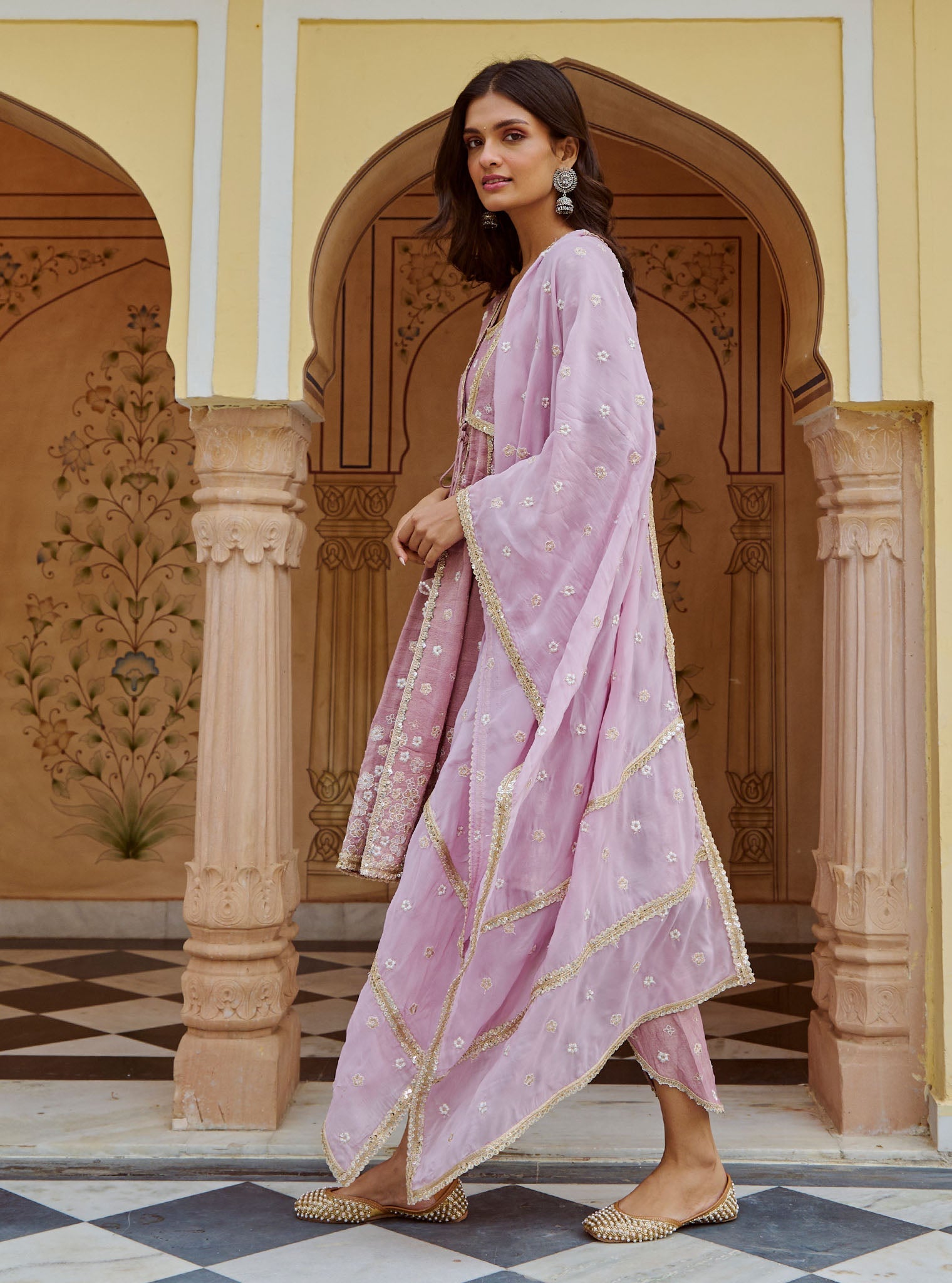 Mulmul Tissue Satin Sajeya Lilac Anarkali Kurta with Mulmul Luxe Tissue Satin Sajeya Lilac Dhoti Pant