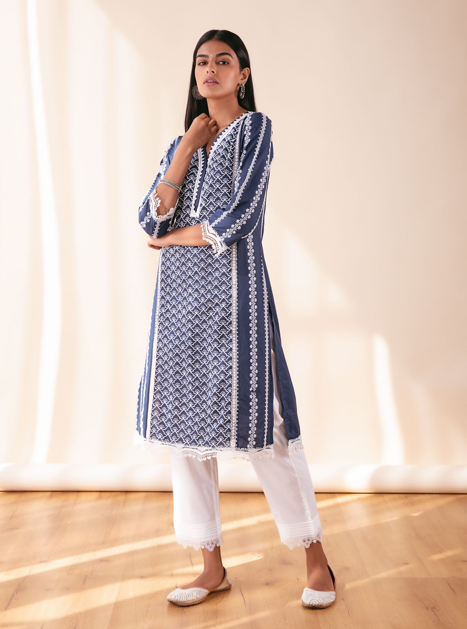 Mulmul Cotton Zora Navy Kurta