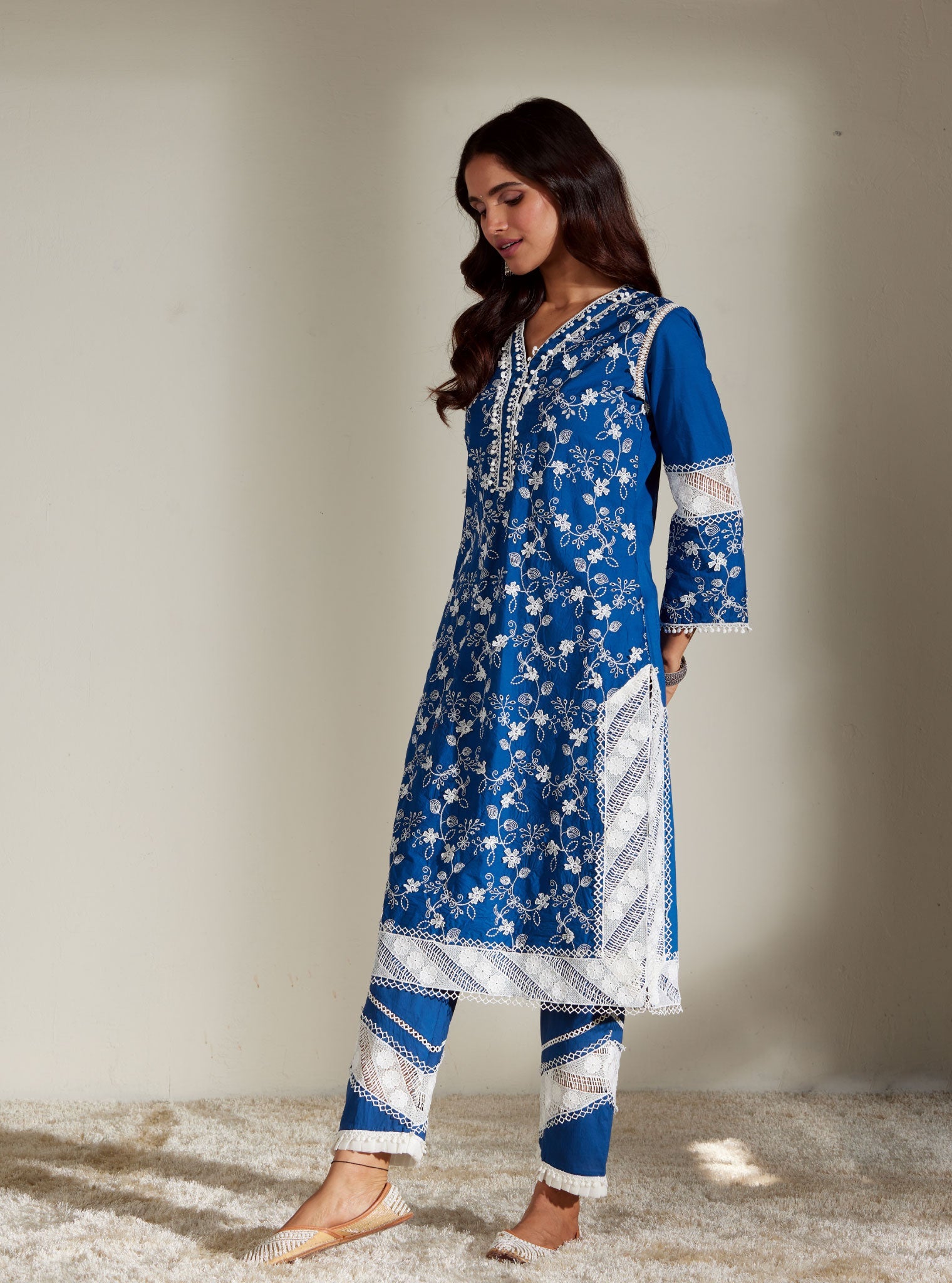 Mulmul Cotton Alice Navy Kurta with Alice Navy Pant