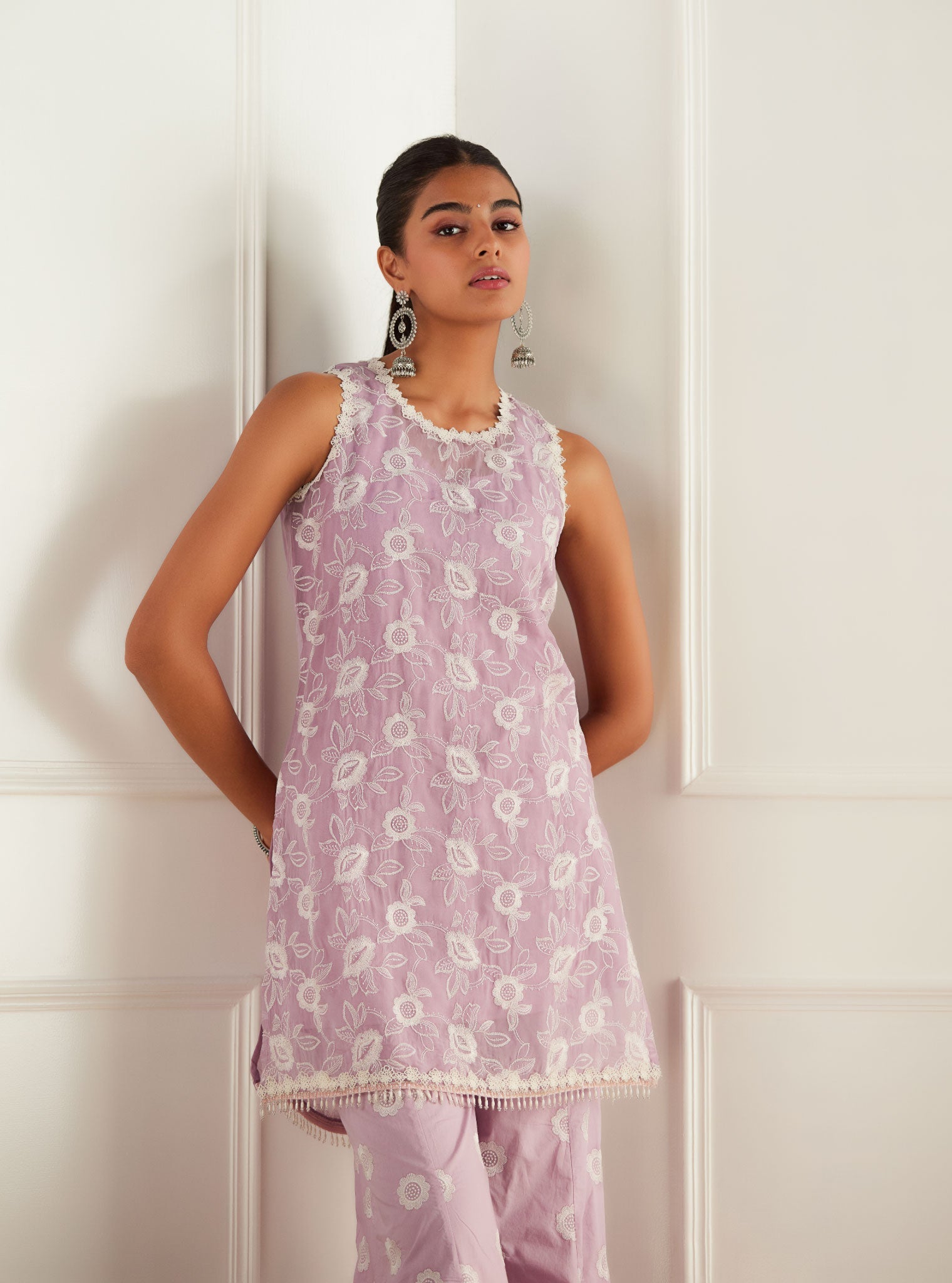 Mulmul Organza Cleo Lilac Kurta With Cotton Cleo Lilac Bell Bottom