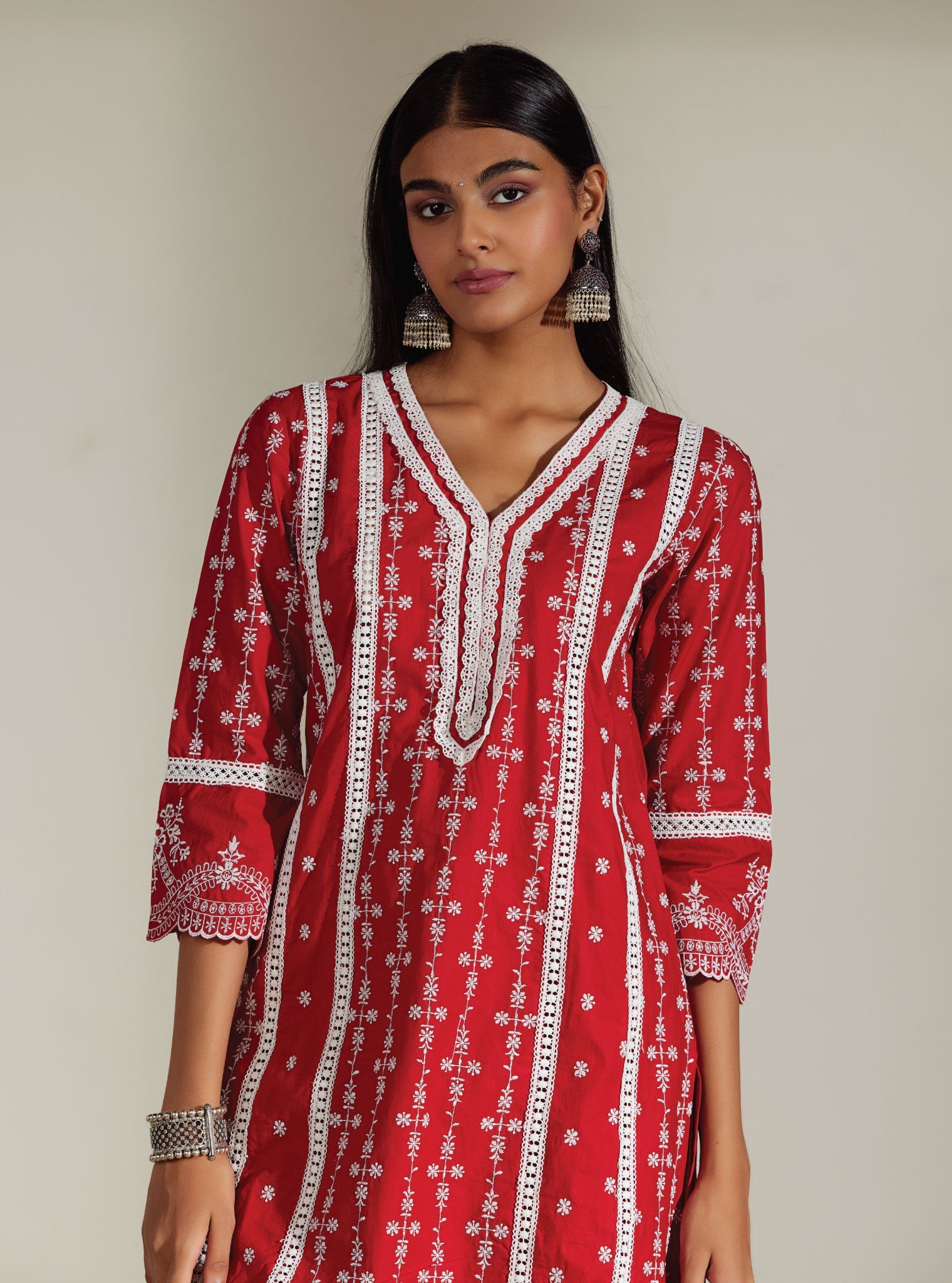 Mulmul Cotton Melanie Red Kurta With Melanie Red Pant