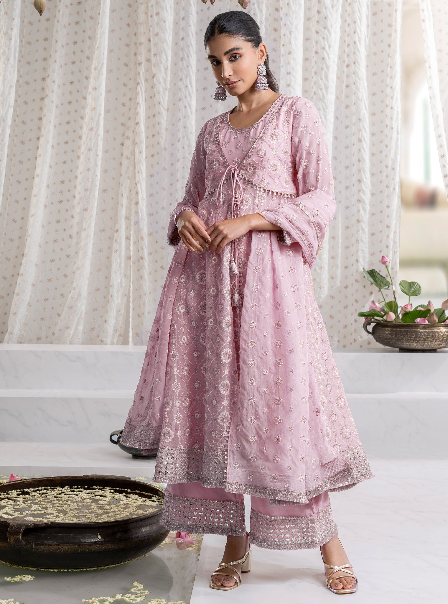 Mulmul Organza Ghoomar Anarkali Pink Kurta With Mulmul Pima Ghoomar Pink Pant