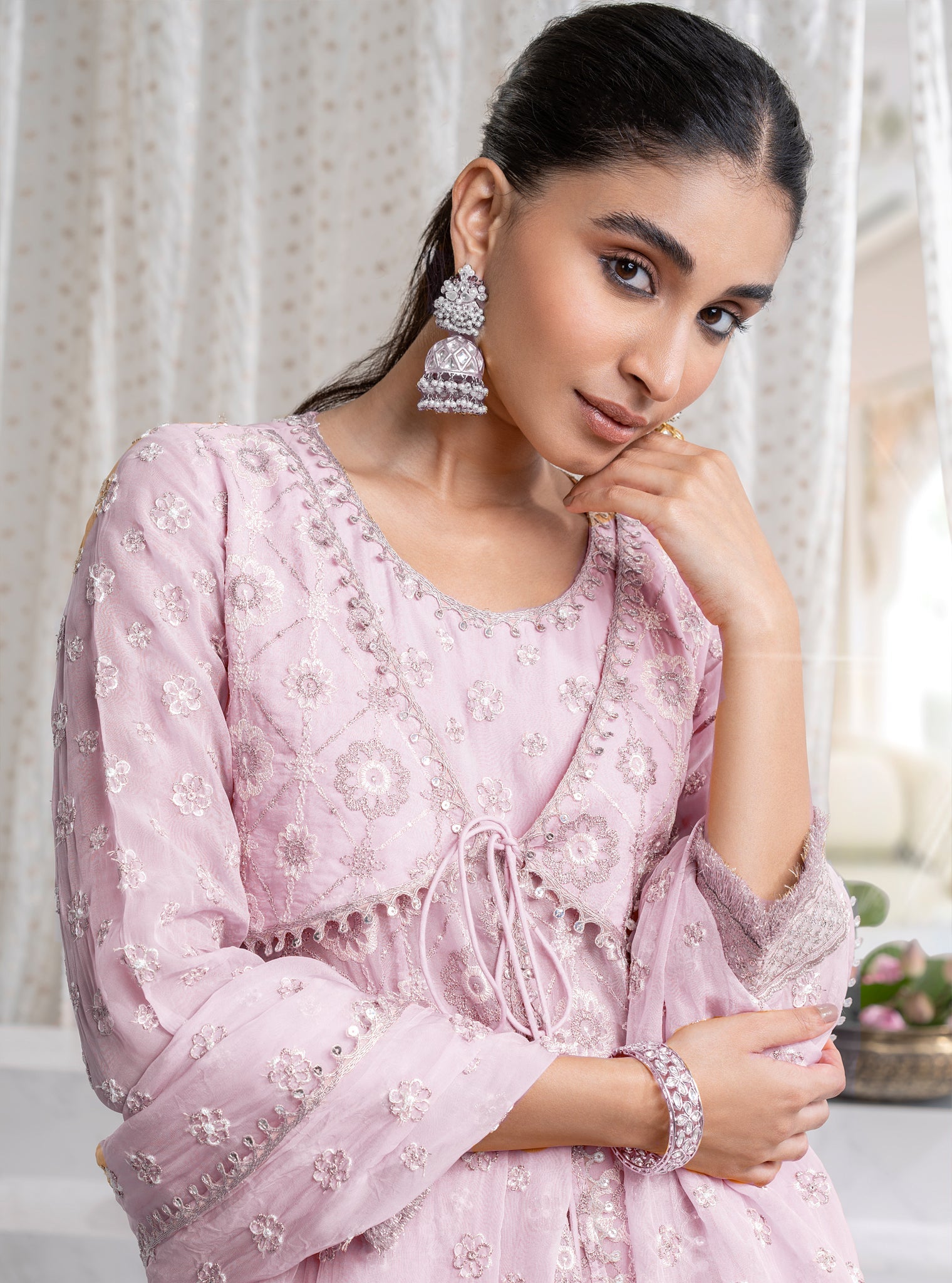 Mulmul Organza Ghoomar Anarkali Pink Kurta With Mulmul Pima Ghoomar Pink Pant