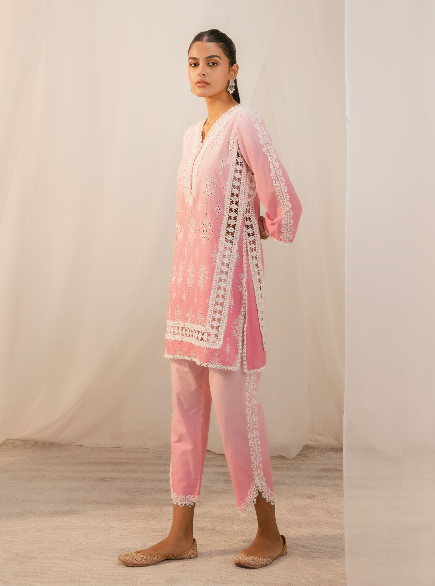 Mulmul Cotton Suria Pink Kurta With Suria Pink Pant