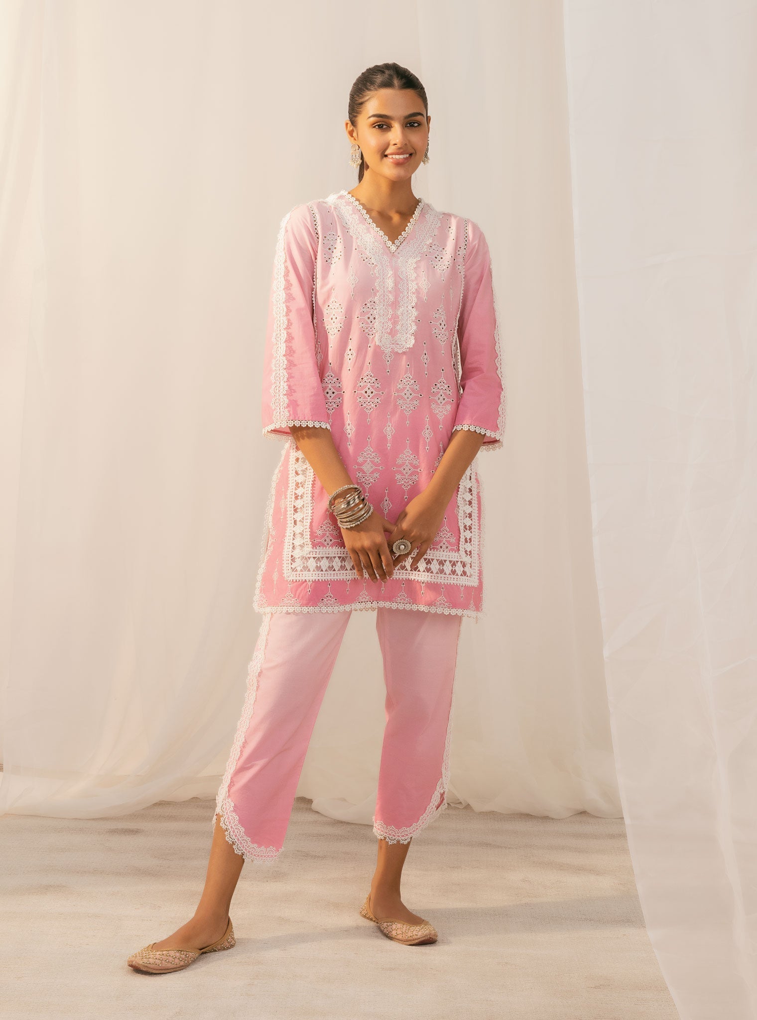 Mulmul Cotton Suria Pink Kurta With Suria Pink Pant