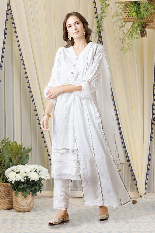 Mulmul Viola White Kurta With New Pintuck Pyajama