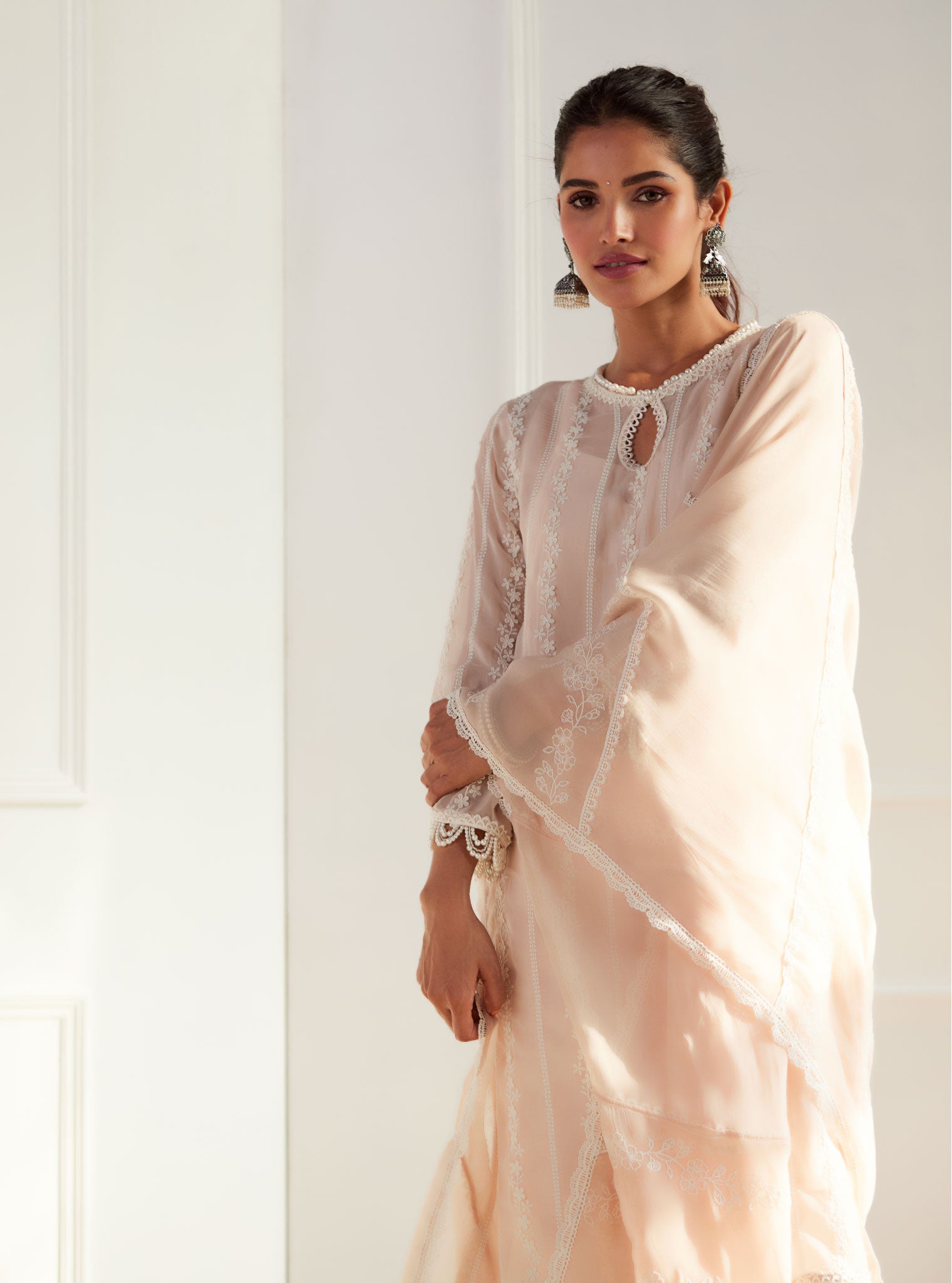 Mulmul Organza Zella Beige Kurta With Cotton Zella Beige Pant